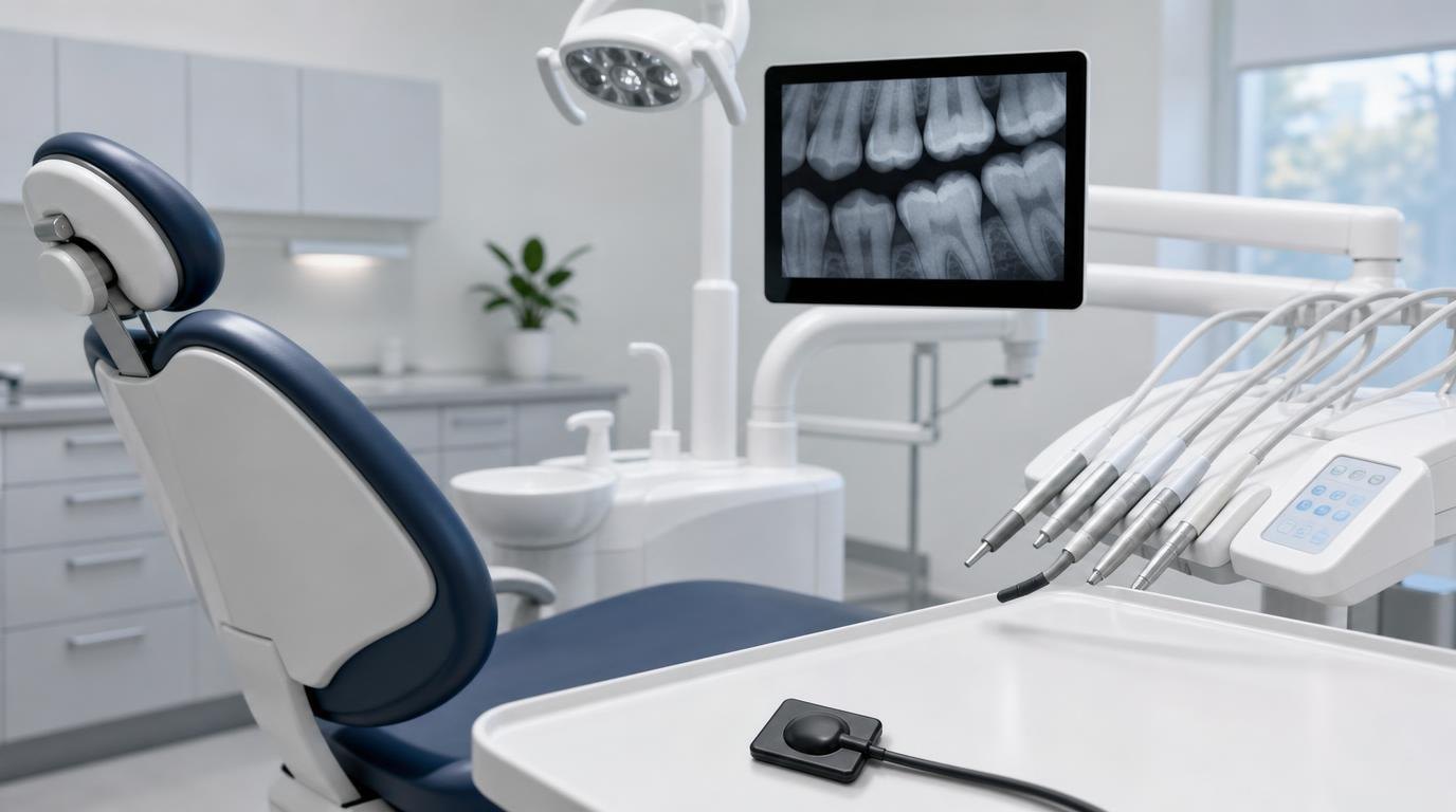 Dental operatory with an intraoral sensor on the tray and digital X-rays on the monitor